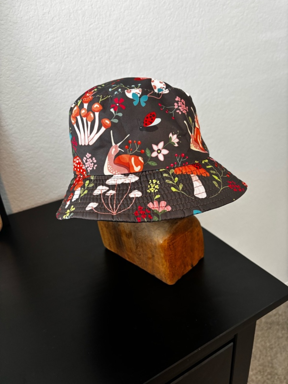Cottagecore Mushroom & Snail Print Reversible Bucket Hat in Dark Brown
